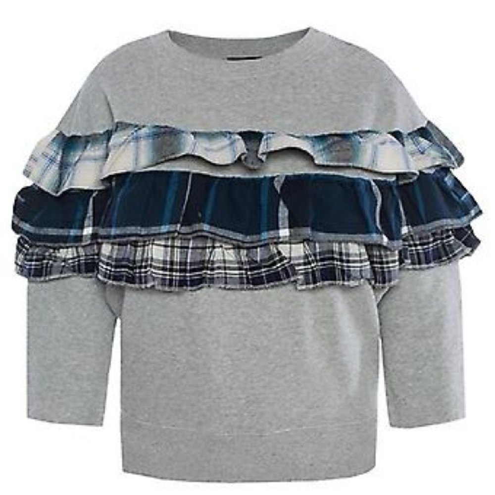 Diesel Ruffle Plaid Panel Sweatshirt Gray Cotton Size XS Statement Top